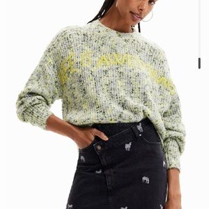 Desigual Chunky knit jumper with embroidery Life Is Awesome Small Green Yellow